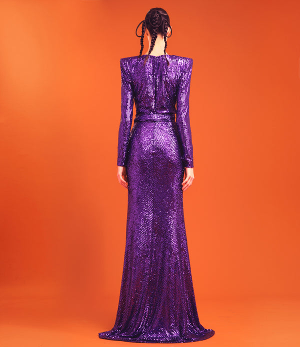 Naeem Khan STRETCH SEQUIN LONG SLEEVE V NECK GOWN