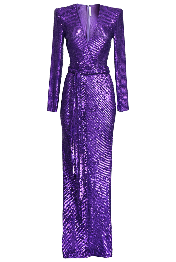 Naeem Khan STRETCH SEQUIN LONG SLEEVE V NECK GOWN