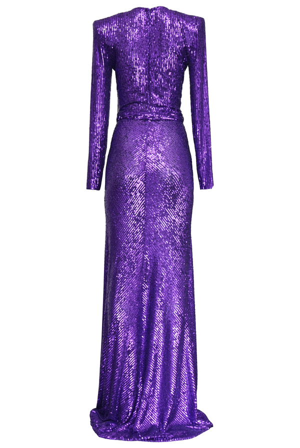Naeem Khan STRETCH SEQUIN LONG SLEEVE V NECK GOWN