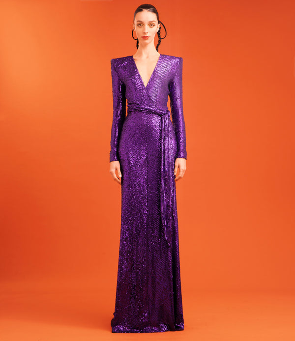naeem khan STRETCH SEQUIN LONG SLEEVE V NECK GOWN