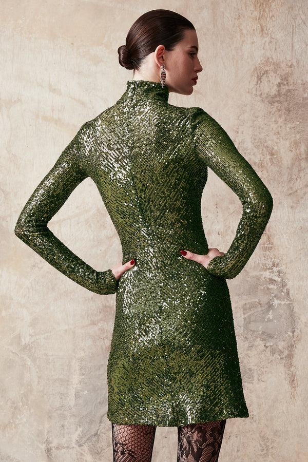 Naeem Khan Stretch Sequin Mock Neck Dress