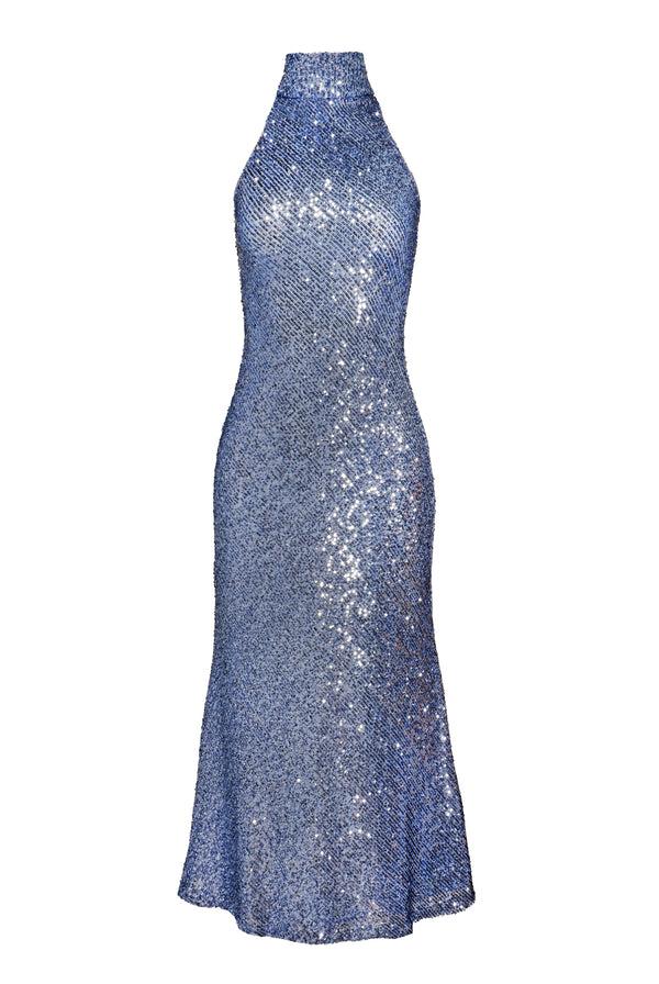 naeem khan STRETCH SEQUIN MOCK NECK HALTER DRESS