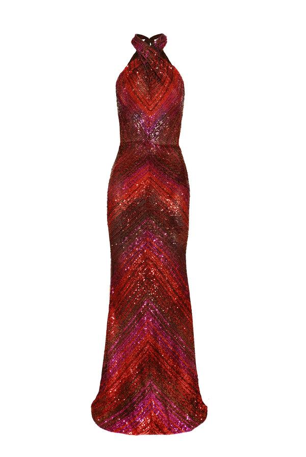 Naeem Khan STRETCH SEQUIN MOCK NECK HALTER GOWN