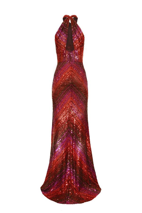 Naeem Khan STRETCH SEQUIN MOCK NECK HALTER GOWN