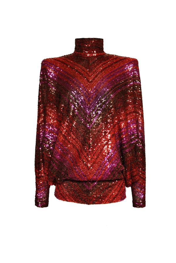 Naeem Khan STRETCH SEQUIN MOCK NECK TOP