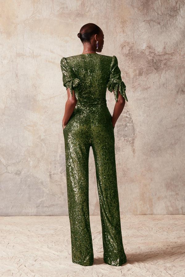Naeem Khan Stretch Sequin Short Sleeve Jumpsuit