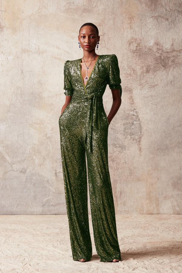 naeem khan Stretch Sequin Short Sleeve Jumpsuit
