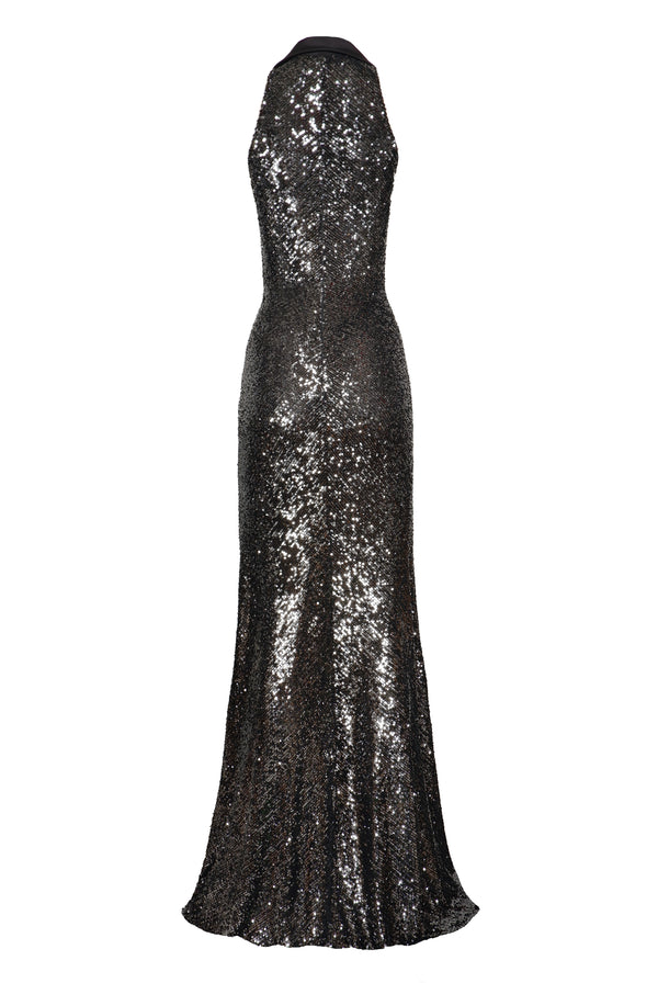 Naeem Khan STRETCH SEQUIN SLEEVELESS COLLARED GOWN