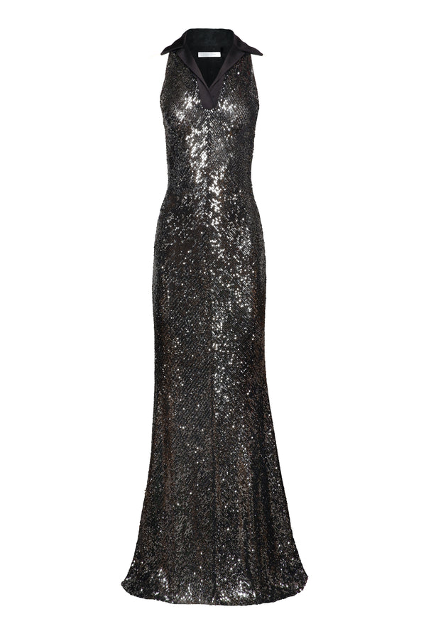 naeem khan STRETCH SEQUIN SLEEVELESS COLLARED GOWN