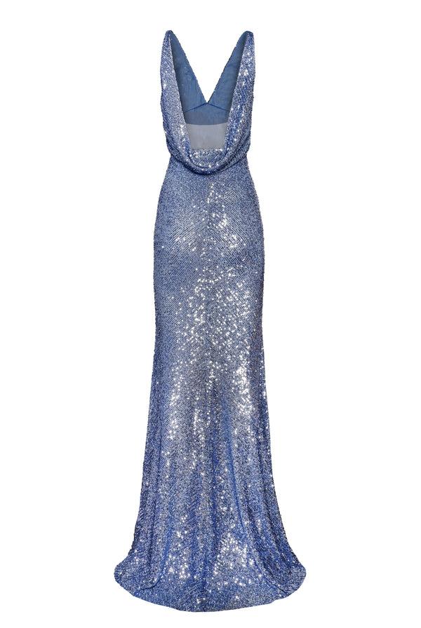 Naeem Khan STRETCH SEQUIN V NECK COWL BACK GOWN
