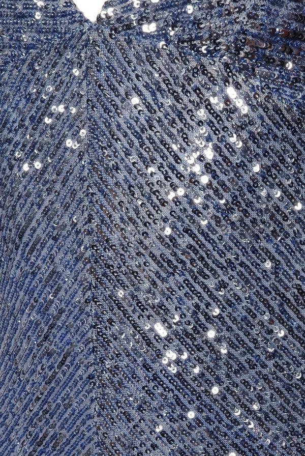 Naeem Khan STRETCH SEQUIN V NECK COWL BACK GOWN