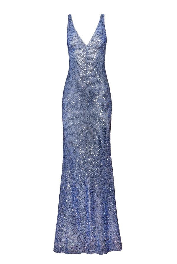 naeem khan STRETCH SEQUIN V NECK COWL BACK GOWN