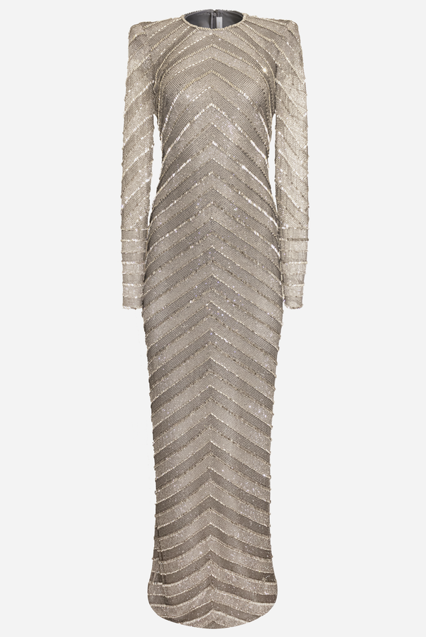 Naeem Khan Stripe Embellished Jewel Neck Gown