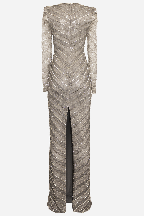 Naeem Khan Stripe Embellished Jewel Neck Gown