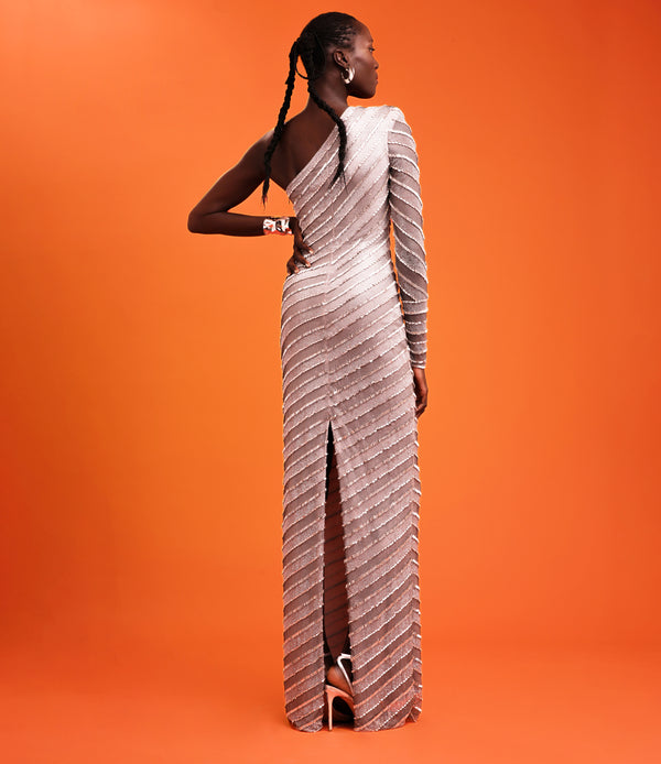 Naeem Khan Stripe Embellished One Shoulder Gown