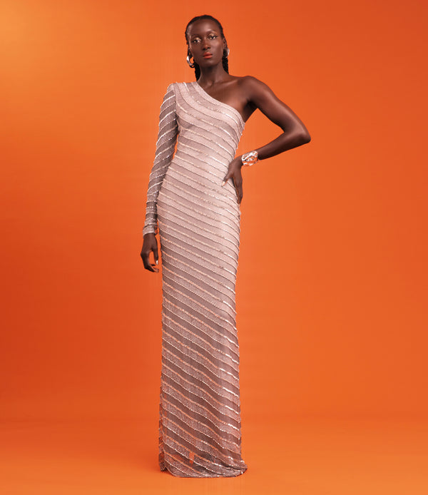 naeem khan Stripe Embellished One Shoulder Gown