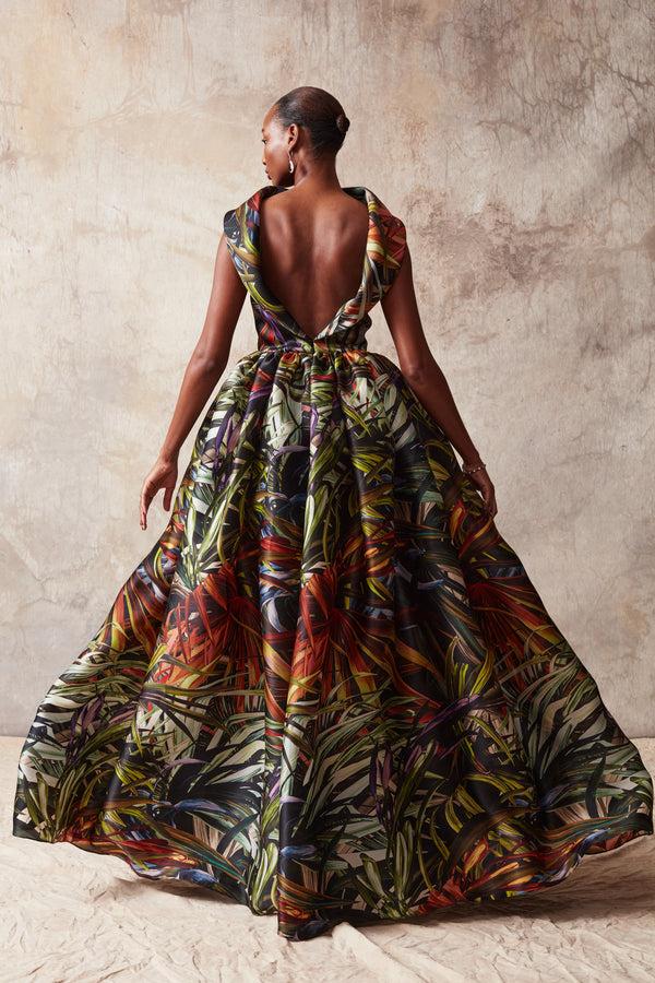 Naeem Khan Tropical Boat Neck Ballgown