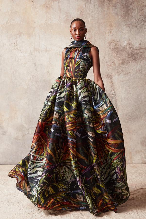 naeem khan Tropical Boat Neck Ballgown