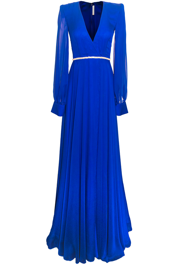 Naeem Khan V-NECK CHIFFON GOWN WITH CRYSTAL DETAIL