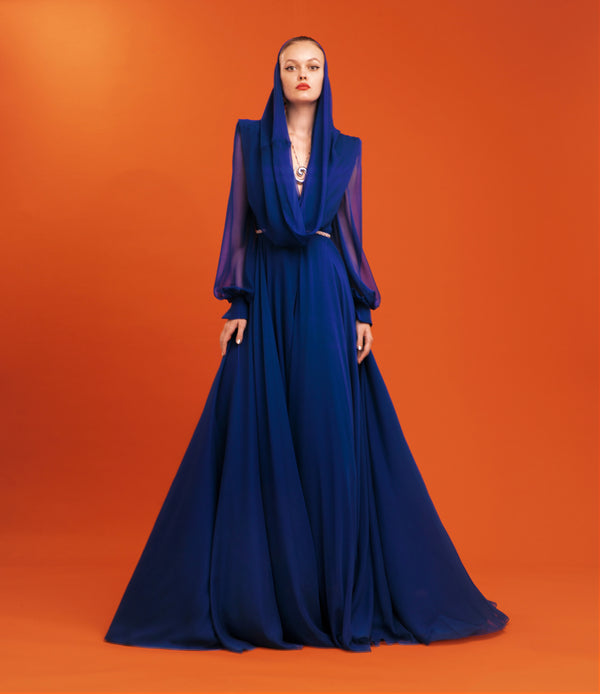 naeem khan V-NECK CHIFFON GOWN WITH CRYSTAL DETAIL