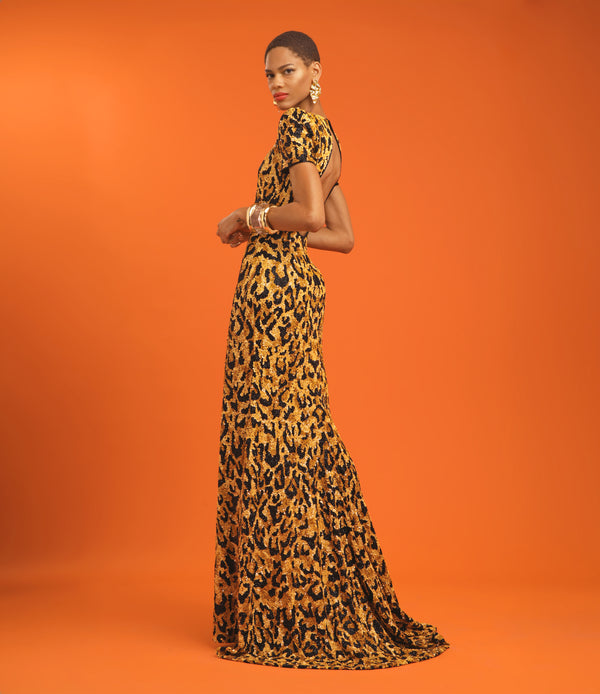 Naeem Khan V NECK LEOPARD EMBROIDERED COLUMN GOWN