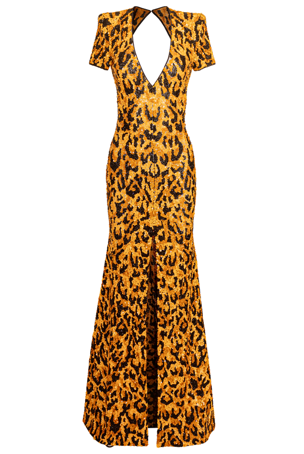 Naeem Khan V NECK LEOPARD EMBROIDERED COLUMN GOWN