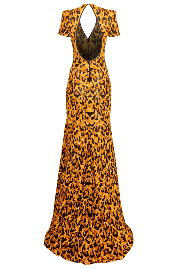 Naeem Khan V NECK LEOPARD EMBROIDERED COLUMN GOWN