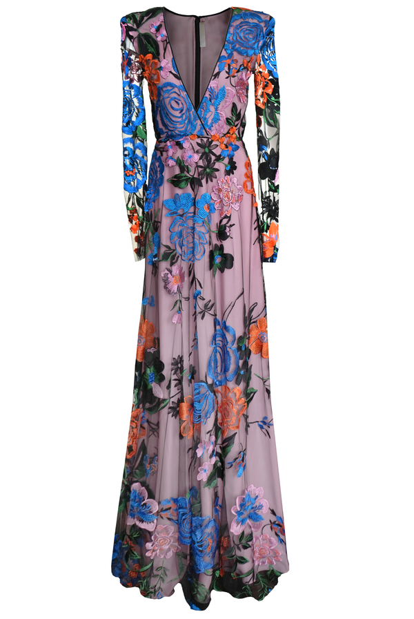 Naeem Khan V-NECK MULTI-COLORED FLORAL GOWN