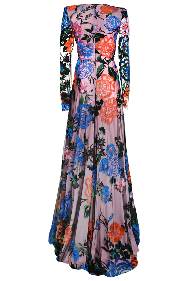 Naeem Khan V-NECK MULTI-COLORED FLORAL GOWN