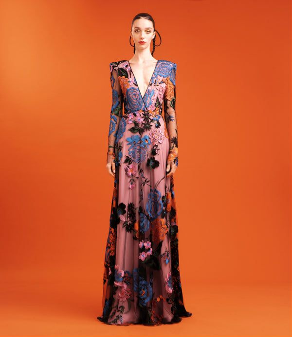 naeem khan V-NECK MULTI-COLORED FLORAL GOWN
