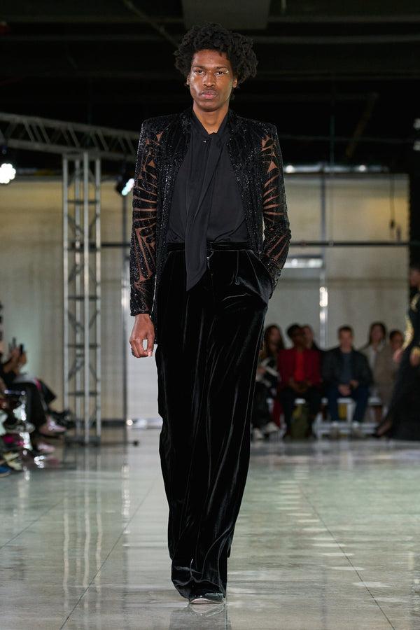 naeem khan VELVET PLEATED WIDE LEG PANT