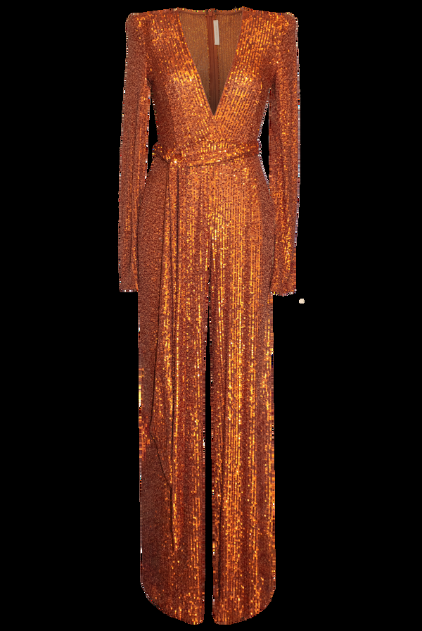 Naeem Khan Waist Tie Stretch Sequin Jumpsuit