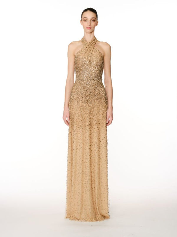 naeem khan OMBRE BEADED CRISS-CROSS NECK FIT AND FLARE GOWN