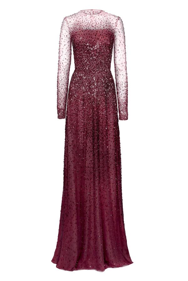 Naeem Khan OMBRE BEADED JEWEL NECK LONG SLEEVE GOWN