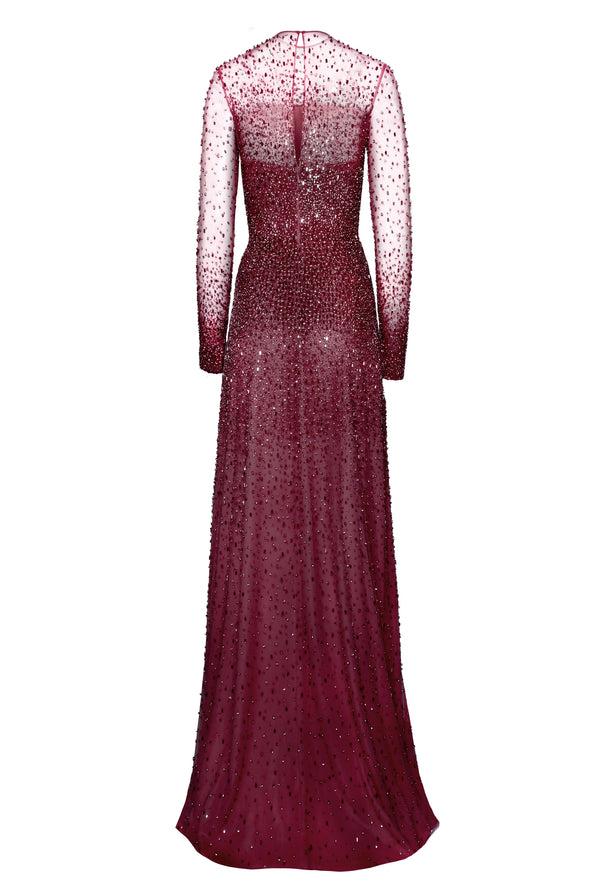 Naeem Khan OMBRE BEADED JEWEL NECK LONG SLEEVE GOWN