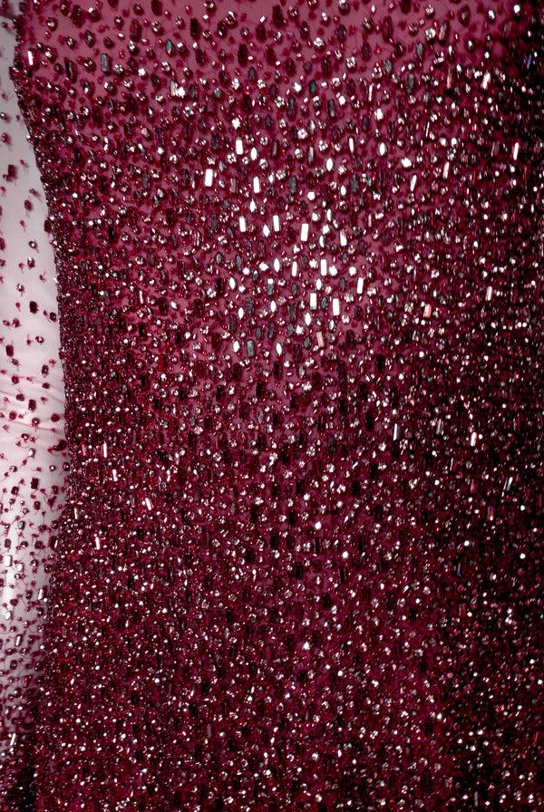 Naeem Khan OMBRE BEADED JEWEL NECK LONG SLEEVE GOWN