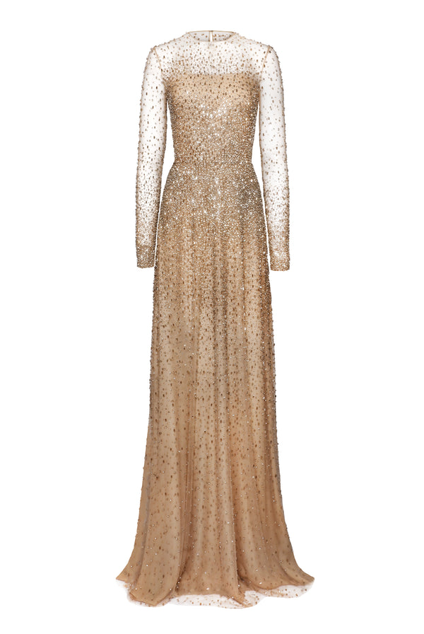 Naeem Khan OMBRE BEADED JEWEL NECK LONG SLEEVE GOWN