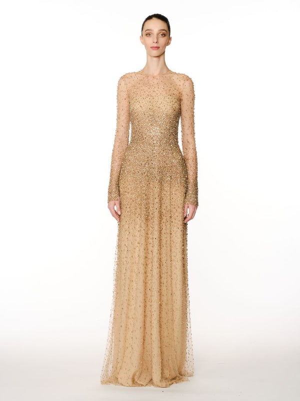 naeem khan OMBRE BEADED JEWEL NECK LONG SLEEVE GOWN