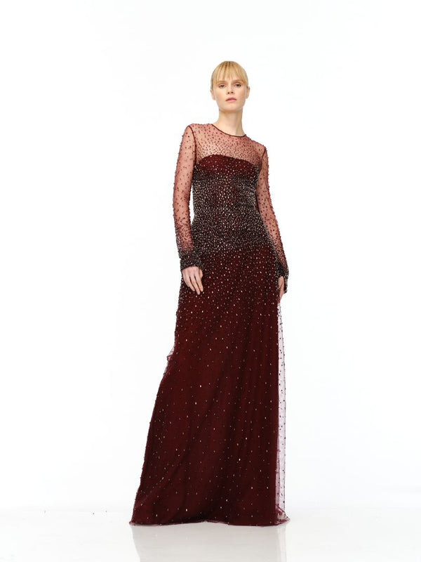 naeem khan OMBRE BEADED JEWEL NECK LONG SLEEVE GOWN