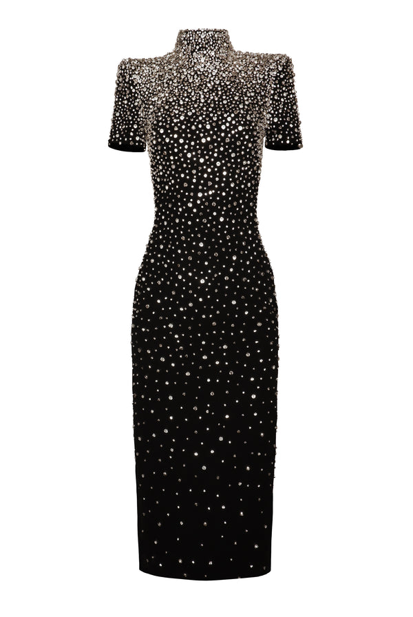 Naeem Khan OMBRE CRYSTAL MOCK NECK SHORT SLEEVE TEA-LENGTH DRESS