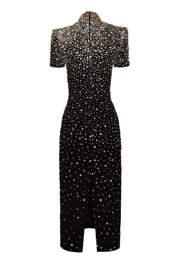 Naeem Khan OMBRE CRYSTAL MOCK NECK SHORT SLEEVE TEA-LENGTH DRESS