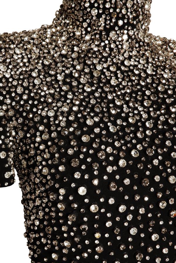 Naeem Khan OMBRE CRYSTAL MOCK NECK SHORT SLEEVE TEA-LENGTH DRESS