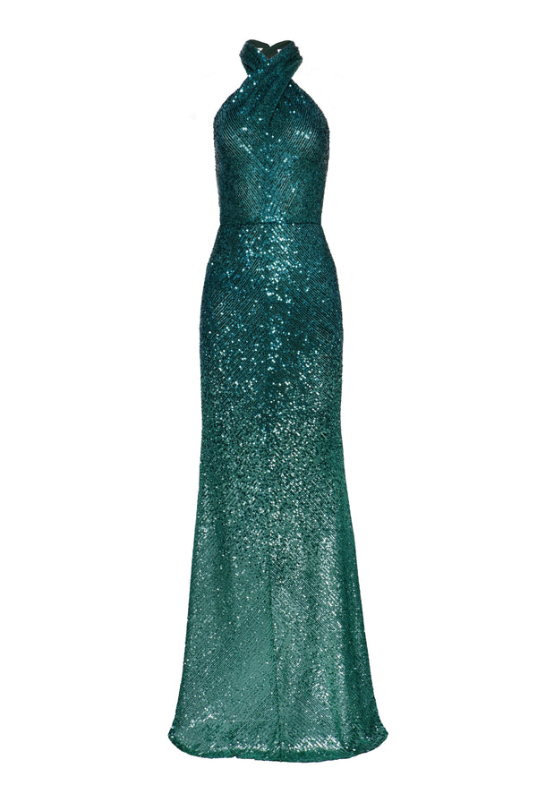 Naeem Khan OMBRE STRETCH SEQUIN CRISS-CROSS NECK GOWN