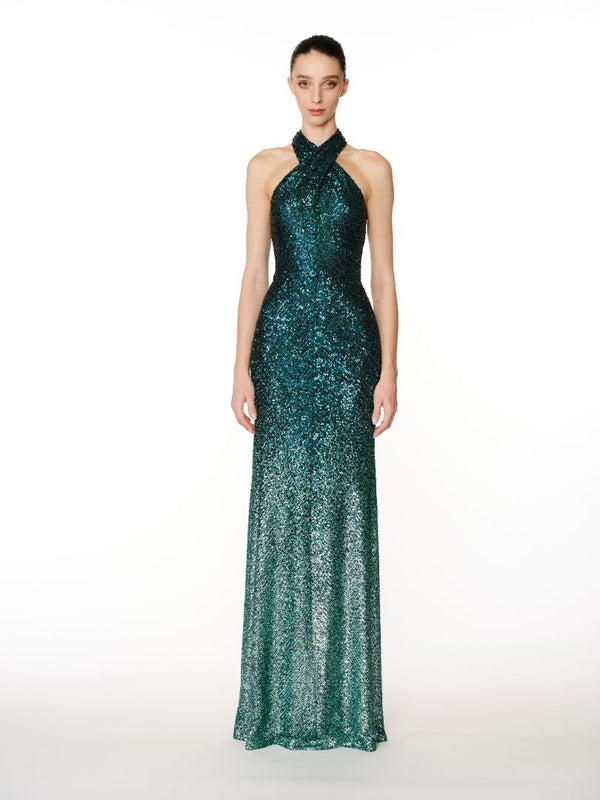naeem khan OMBRE STRETCH SEQUIN CRISS-CROSS NECK GOWN