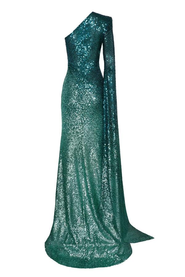 Naeem Khan OMBRE STRETCH SEQUIN ONE SHOULDER CASACADING SLEEVE GOWN