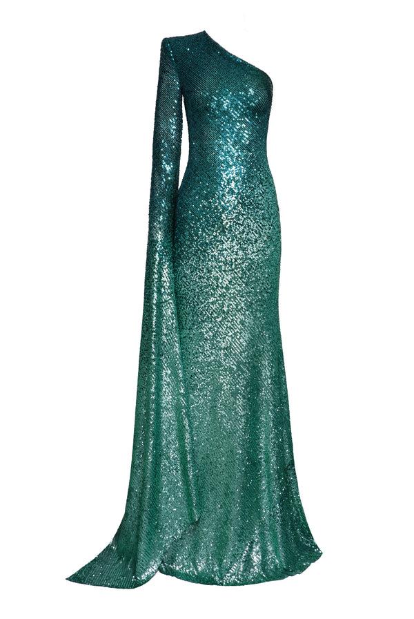 Naeem Khan OMBRE STRETCH SEQUIN ONE SHOULDER CASACADING SLEEVE GOWN