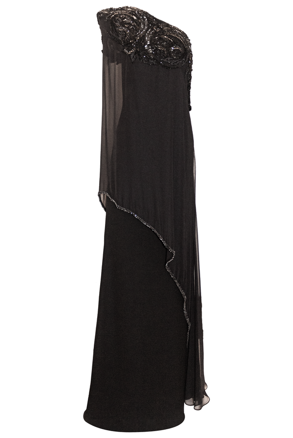 Naeem Khan ONE SHOULDER COLUMN GOWN WITH CHIFFON SHAWL