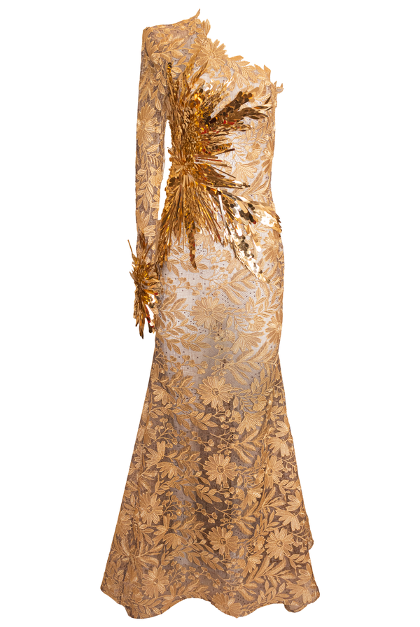 Naeem Khan ONE SHOULDER COLUMN GOWN WITH EMBROIDERY DETAIL