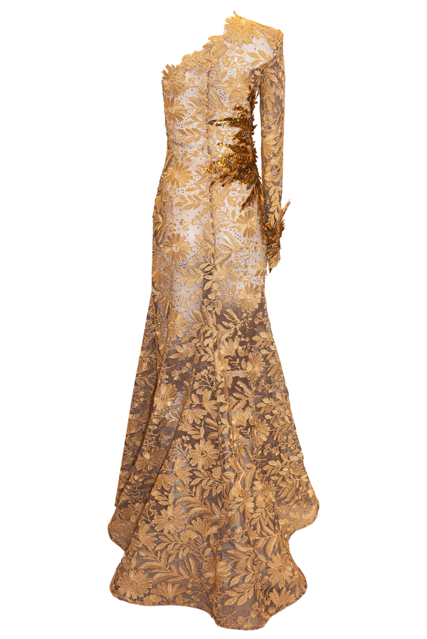 Naeem Khan ONE SHOULDER COLUMN GOWN WITH EMBROIDERY DETAIL