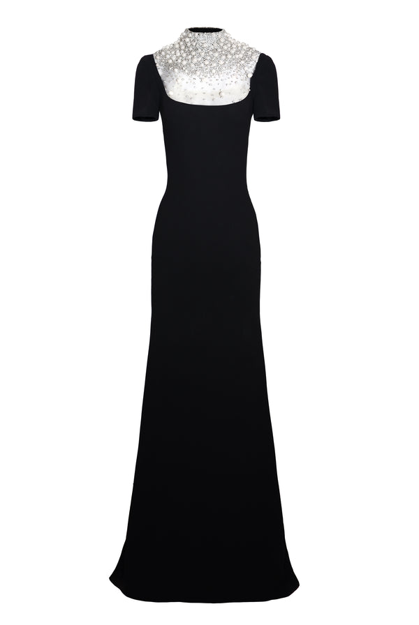 Naeem Khan PEARL EMBELLISHED NECKLINE FIT-AND-FLARE GOWN WITH CAP SLEEVES